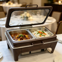 Plat de service réchaud en acier inoxydable de qualité alimentaire, motif grain de bois, avec couvercle en verre trempé, design rétro, grande capacité, pour buffet