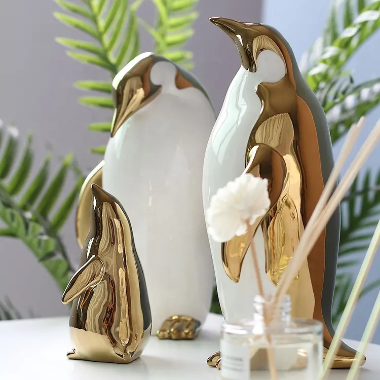 Adorno de cerámica, pingüino dorado, regalo para sala de estar, accesorio, decoración de mesa, productos creativos de decoración de lujo para niños