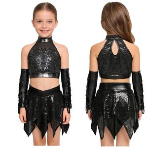 Conjunto de Ropa para Danza Jazz para Niñas de 6 a 16 Años, Top Corto con Falda Metálica y Guantes, Traje de Danza Latina para Recital y Entrenamiento - Product Image 2