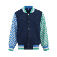 Blousons pour garçons, veste bomber en jean pour enfants, imprimé damier, manches à boutons-pression, col baseball, poignets côtelés, vêtements d'extérieur pour petit garçon