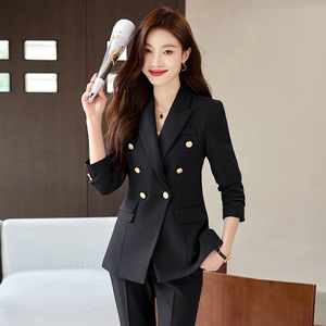 Women's Suit Set Black Double Breasted Blazer Pants Office Lady Formal Wear Spring Autumn Anti-Wrinkle Polyester Fabric - Product Image 1