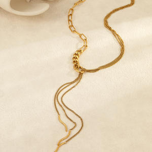 Kalung berlapis emas 18K baja tahan karat, perhiasan kalung panjang rantai rumbai Multi lapis tahan air untuk wanita - Product Image 3