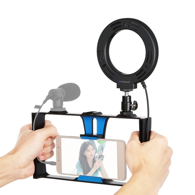 PULUZ 2 in 1 Vlogging Live Broadcast Smartphone Video Rig + 4.7 Inch 12cm Ring LED Selfie Light Kits with Cold Shoe Tripod Head
