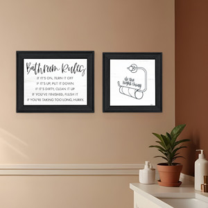 Set di due decalcomanie da parete di arte testuale incorniciate nere HMS "regole del bagno" per un elegante arredamento del bagno - Product Image 1