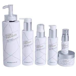 Luxury frosted white empty plastic cosmetic packaging skincare set lotion bottle and cream jar with cap