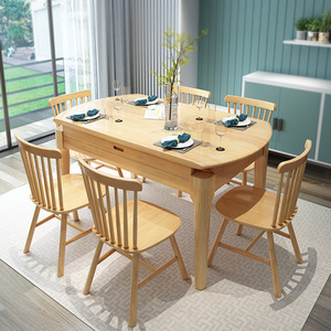 Nordic Solid Wood <b>Dining</b> <b>Table</b> And Chair <b>Set</b> 6 Piece Extendable <b>Round</b> And Square Dual Use <b>For</b> <b>Dining</b> Room - Product Image 2