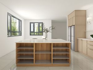 Armoires de cuisine en bois beige élégantes et modernes, îlot avec plan de travail en marbre, porte en contreplaqué de qualité américaine - Product Image 5