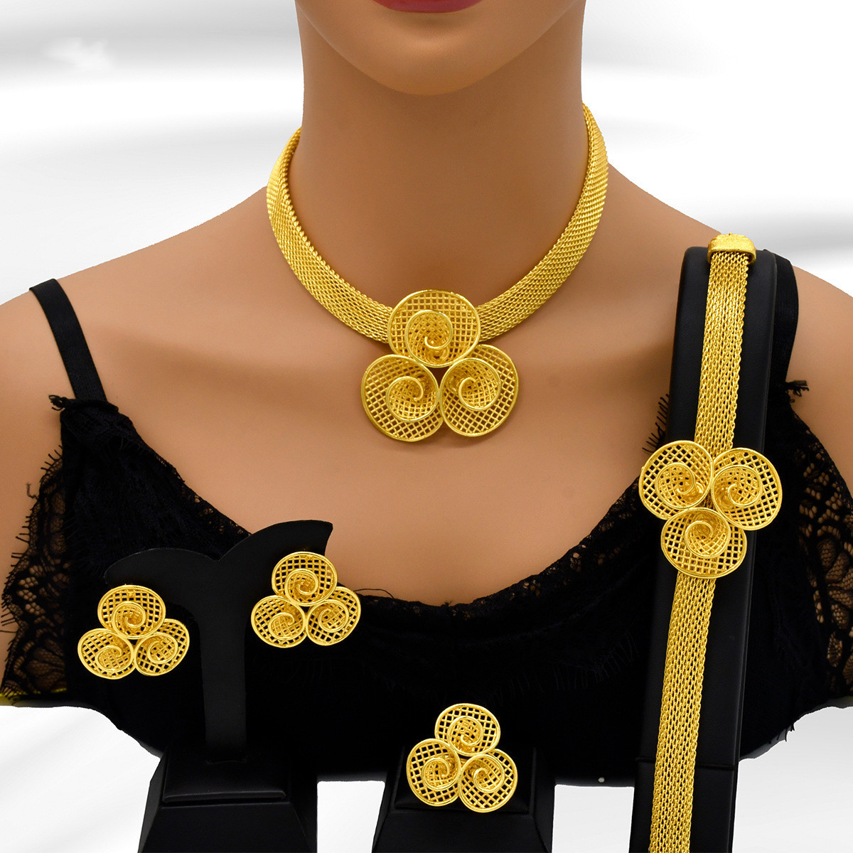 Eritrean Ethiopian Design Gold Jewelry Set For Women - 24K Gold Plated Brass Necklace & Bracelet