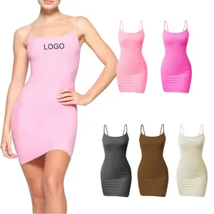 Custom Logo kim kardashian dress dupes hot pink dress bodycon lounge Women Mini basic sleeveless spandex Rib soft Lounge Slip Dresses