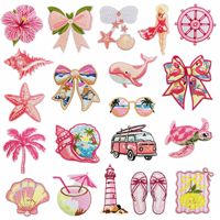 Patchs thermocollants Y2K roses avec broderies et appliques de nœuds, motifs vacances à la plage, fleurs d'hibiscus, boissons, surf et van, pour sac à dos, veste, chapeau