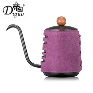 Penjualan terlaris 350ml 12Oz baja tahan karat ungu kulit dibungkus Tuang di atas kopi teh angsa leher ketel