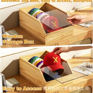 Wooden Transparent Lid Baseball Cap Storage <b>Box</b> Rectangle Dustproof Desktop <b>Hat</b> Organizer for Collection and Miscellaneous Items - Product Image 4