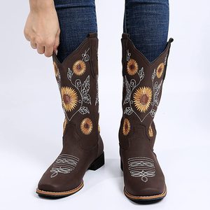 Nuevas Botas Vaqueras de Mujer a Media Pantorrilla, Estilo Western, con Bordado de Girasol, Puntera Cuadrada y Tacón Bajo - Product Image 5