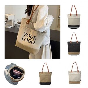 Sac fourre-tout en toile couleur unie grande capacité avec logo personnalisé, design élégant et polyvalent pour le quotidien, style artistique et féminin - Product Image 2
