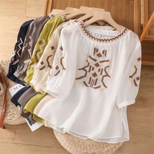 Women Embroidered <b>Linen</b> <b>Top</b> Three Quarter Sleeve Vintage Loose Fit Breathable Summer Blouse White Navy Blue Yellow Gray Apricot - Product Image 1
