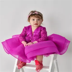 Çiçek kız elbise sevimli diz boyu doğum günü balo parti Sequins kıyafeti çocuk elbiseleri tül ilk kutsal cemaat elbise - Product Image 1