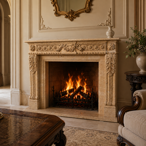 Traditional Marble <b>Fireplace</b> Mantel With Ornate Carving Galala Beige Stone Indoor Wood Burning Hearth For Living Room - Product Image 1