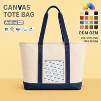 Sac fourre-tout en toile crème personnalisé avec bordure bleu marine, poche avant transparente, réutilisable, robuste, pour les courses