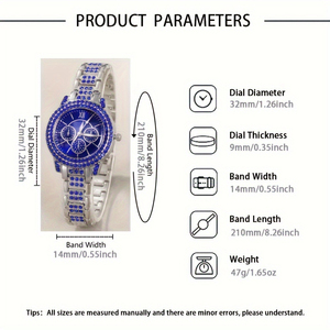 Lüks Kadın Mavi Kristal Saat Takı Seti Elmas Bileklik Kolye Küpe Hediye Seti - Product Image 6