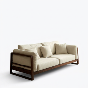 Canapé en tissu crème de style Japandi avec structure en bois teinté en noyer de qualité supérieure pour un salon esthétique - Product Image 1