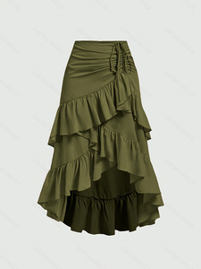 Nuova <span class=keywords><strong>Gonna</strong></span> Midi Estiva da Donna a Vita Alta con <span class=keywords><strong>Balze</strong></span> a Strati, Asimmetrica, Tinta Unita, Stile Casual Dolce da Spiaggia - Product Image 3