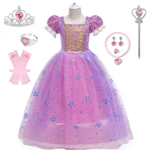 Mädchen Party Rapunzel-Kleid mit Krone Halskette und Ring für Geburtstag Halloween Weihnachtskostüm Aufführung Prinzessenkleid