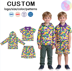 Pre-ordenar Conjunto de Ropa para Niño Pequeño con Estampado de Camuflaje de Mardi Gras: Camiseta Polo con Capucha y Pantalones Cortos, Trajes para Festivales, Estilos de Ropa Infantil - Product Image 1