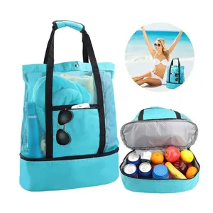 Sacs à déjeuner en maille polyester de couleur unie pour femmes, sacs isothermes pour pique-nique, plage, camping, extérieur - Product Image 1