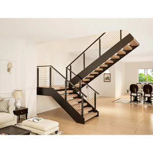 Escalier intérieur à double poutre avec garde-corps en câble métallique et marches en bois - Product Image 5
