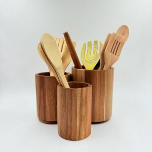 Ensemble de 3 spatules et cuillères en bois d'acacia, seau de rangement, organiseur de cuisine, support à ustensiles, récipient en bois pour articles de cuisine - Product Image 2