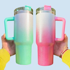 Gobelet de 40 oz grande capacité, ombré, scintillant, avec poignée et paille, pour impression par transfert thermique par sublimation - Product Image 2