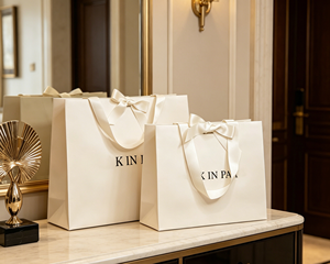 <b>Gift</b> shopping bags made of high quality thickened <b>white</b> cardboard with satin ribbon bow handles finished with lamination - Product Image 4