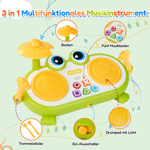Tambour musical grenouille, jouet éducatif en plastique, instrument de percussion avec boutons et bâtonnets colorés, 0-24 mois - Product Image 3