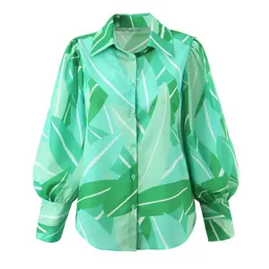 CS9538 חדש 2022 סתיו עיצוב צבע בלוק ירוק גיאומטרי הדפסת פאף שרוול חולצה חולצות נשים מקרית חולצות סיטונאי 9