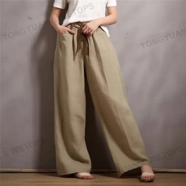 Custom Clothing Manufacturers Wholesale Pants Women's loose cotton and linen wide-leg trousers in solid colour