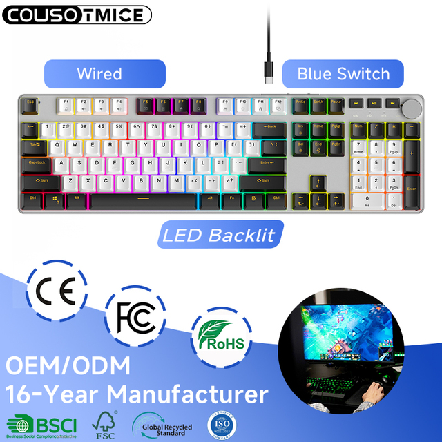 107 Keys Aluminum Gaming Keyboard RGB Backlit Anti-Ghosting PC Computer Wired Red Switch Panel Mechanical Keyboard with Knob