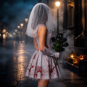 Costume da Sposa Insanguinata per Halloween, Abito Grigio <span class=keywords><strong>con</strong></span> Velo Macchiato di Sangue, Scaldabraccia e Bouquet di Rose Nere - Product Image 4