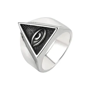 Vintage Biker noir argent or Punk homme bijoux de mode tous les yeux de vue pyramide Illuminati maçon hommes bague en acier inoxydable