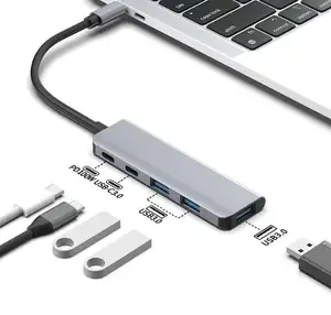 CABLETOLINK USB C Hub 5 في 1 متعدد الموانئ محول 4K HDTV، 100 وات توصيل الطاقة، 3 منافذ بيانات USB-A، USB C دونغل
