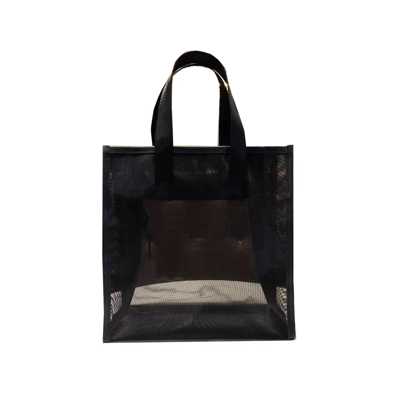 Large capacity reusable transparent black nylon mesh beach shopping tote bag