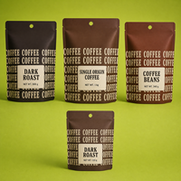Sachets personnalisés imprimés avec trou de suspension pour grains de café, café d'origine unique et café torréfié foncé