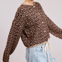 Pull cardigan en tricot à imprimé léopard doux pour femmes, décontracté, automne, logo personnalisé, vente en gros, fabricant de hauts à manches longues