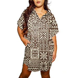 Vestido Camisero Midi Sexy Personalizado <span class=keywords><strong>con</strong></span> Estampado Tapa Hawaiano de las Islas del Pacífico, Impresión Bajo Demanda, Mini Vestido Hawaiano para Mujer a la Moda - Product Image 2