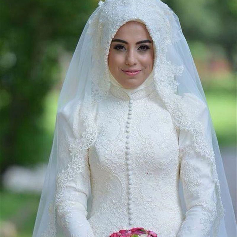 New Arrivals White Floor Length Wedding Dress With Veil A-line Wedding Gowns Plus Size Muslim Wedding Dress Lace Bridal Gown