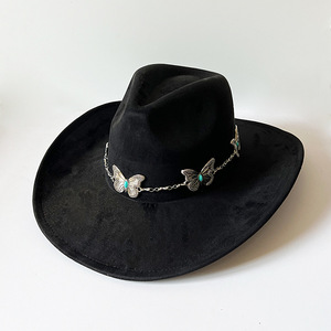 Metal Butterfly Chain Cowboy <strong>Hat</strong> Faux Suede Rolled Brim <strong>Hat</strong> Wide Brim <strong>Western</strong> Cowboy <strong>Hat</strong> - Product Image 2