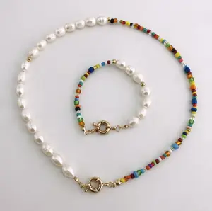 2022 Bohemian Multi-Color Glass Beads Real Pearl Jewelry Set Necklace and Bracelet Set for Women Party