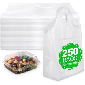 Lot de 250 sacs à emporter en plastique blanc robuste 19x18+9,5 pouces avec poignée ondulée et fond carré, qualité alimentaire - Product Image 1
