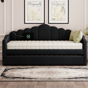 Canapé-lit convertible moderne en velours, taille twin, avec tiroir, ports de charge USB, pas besoin de <span class=keywords><strong>sommier</strong></span>, noir - Product Image 2
