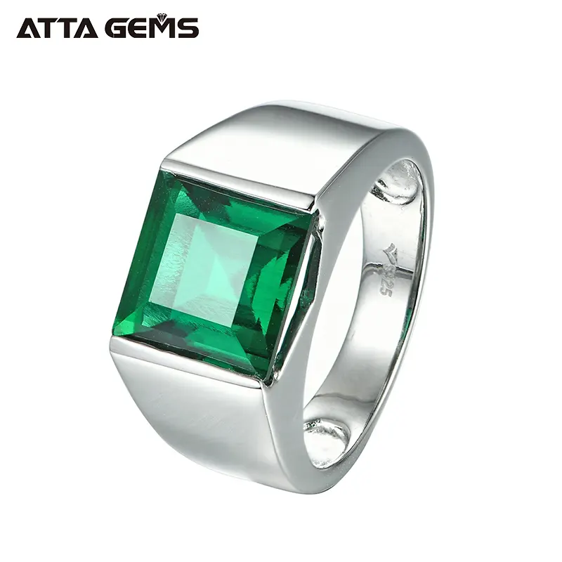 Ebay Sales 4.8 Carats 10mm*10mm Sterling Silver Jewelry Created Square Emerald Green Nano Gemstone Solitaire Ring For Men