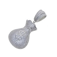 Prix d'usine Collier en laiton plaqué or avec pendentif sac d'argent signe dollar entièrement pavé de zircone cubique 3D
